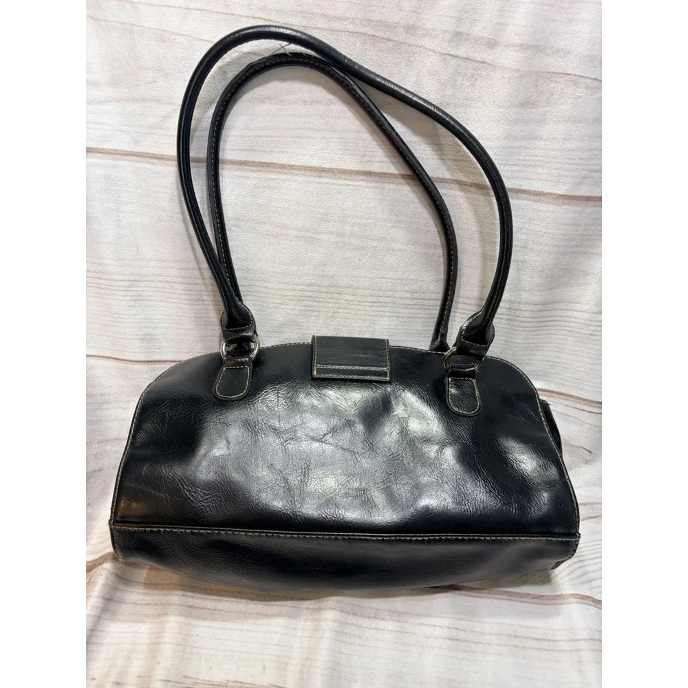 Vintage Y2K Black Faux Leather Bowling Bag Satchel Silver Hardware 2000s
